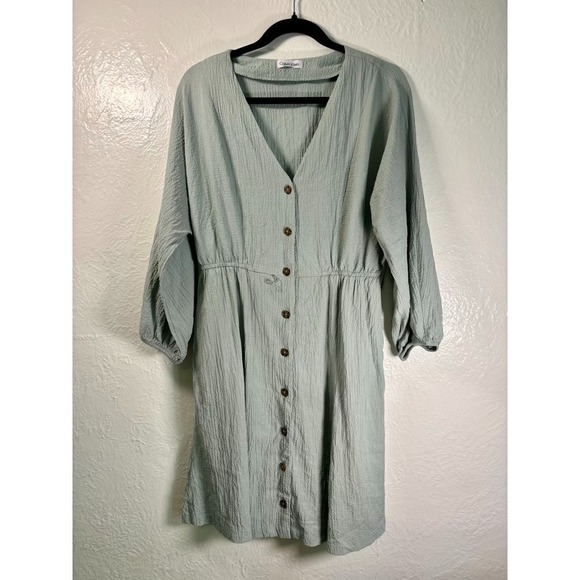 Calvin Klein Dresses & Skirts - Calvin Klein Button-Down Shirtdress Balloon Sleeves Green Sz L Preppy Beach Work